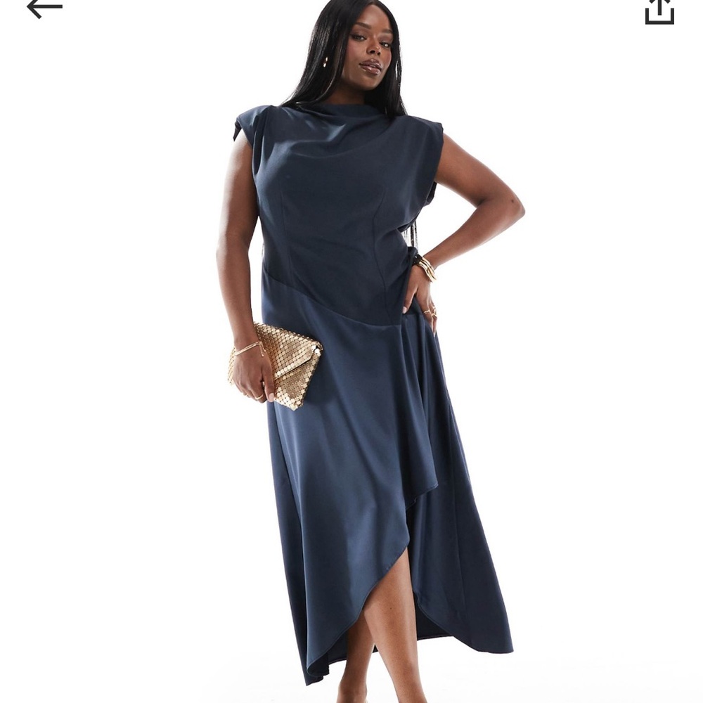 NWT ASOS DESIGN Curve High-Neck Satin Contrast Midaxi Dress in Navy